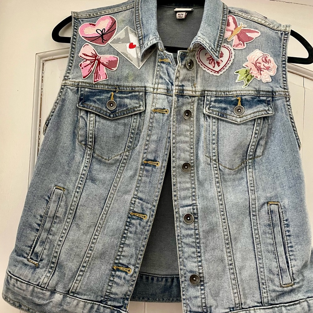 Vintage Denim Vest with Coquette Style Patches